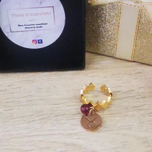 bague doré en acier inoxidable doré avec un signe astro et une perle d'amesthyste
