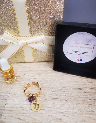 bague réglable en acier inoxydable doré avec signe astro et perle améthyste