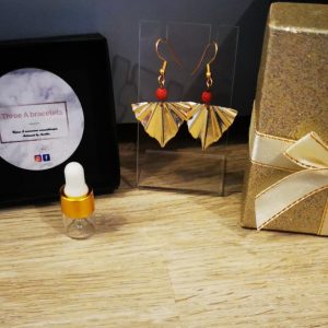 boucle d'oreille triangle ondulé en acier inoxydale doré et une perle de lave rouge