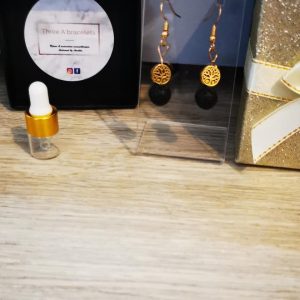 boucles d'oreilles doré en acier inoxydable avec arbre de vie et perle de lave noire 6mm