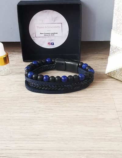 bracelet céramique en simili cuir et perles blues et perles noir mâte