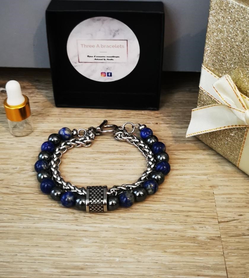 bracelet châine en acier inoxydale et perles lapis lazuli