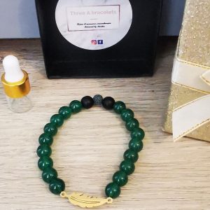 bracelet élastique perle aventurine et plume doré en acier inoxydable