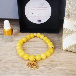 bracelet élastique perle nuage jaune et fleur de lotus doré en acier inoxydable