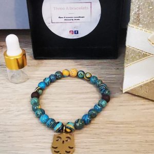 bracelet élastique perles blue apatite jade et hibou doré en acier inoxydable