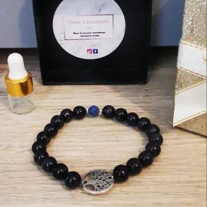 bracelet élastique perles du soleil bleu nuit et arbre de vie argenté en acier inoxydable