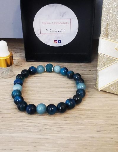 bracelet élastique perles oeil de dragon et perles aquamarine