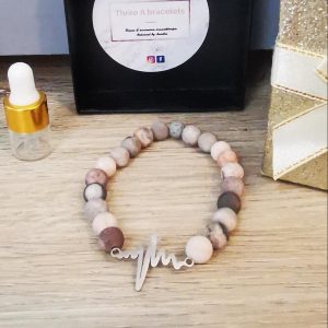 bracelet élastique perles rose et grise mâte et rythme cardiaque en acier inoxydablejpg