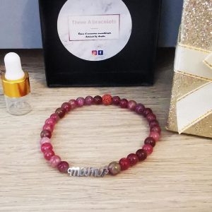 bracelet élastique perles tourmaline et mama en acier inoxydable argenté
