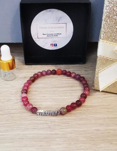 bracelet élastique perles tourmaline et mama en acier inoxydable argenté