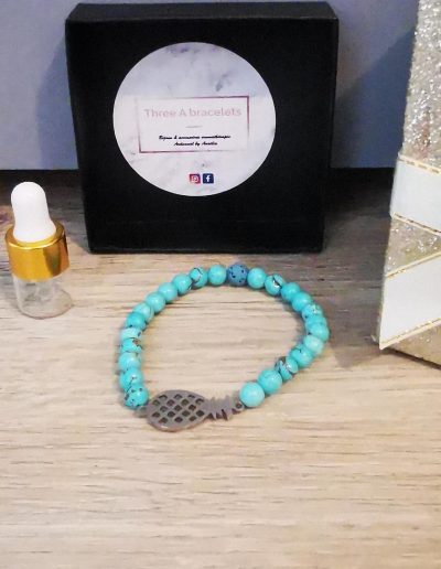 bracelet élastique perles turquoise et ananas argenté en acier inoxydable