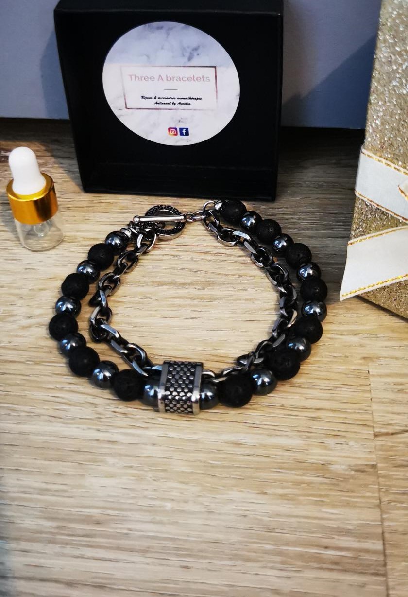 bracelet en acier inoxydable et perles hématite et perles de lave noir