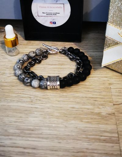 bracelet en acier inoxydable et perles marbre gris et perles de lave noir