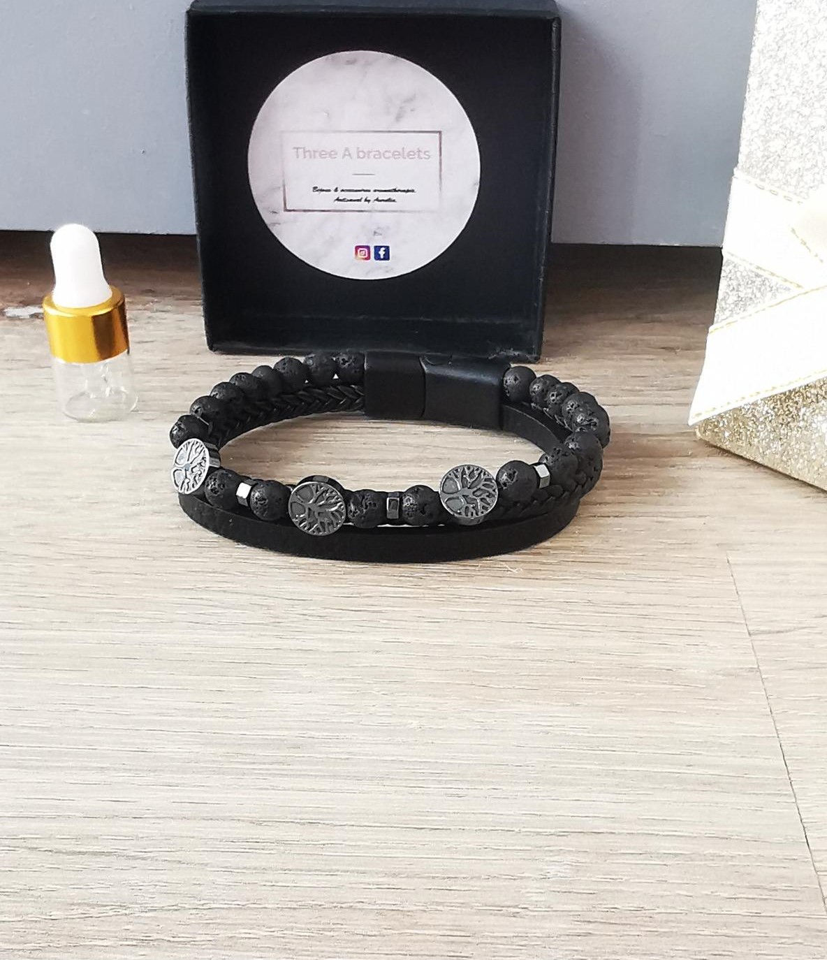 bracelet en céramique et simili cuir avec arbre de vie argenté en acier inoxydable
