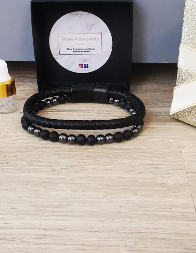 bracelet en céramique et simili cuir perles de lave et perles hématite