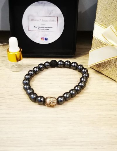 bracelet en perle hématite et buddha argenté en acier inoxidable 8mm