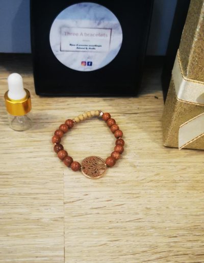 bracelet enfant perles de soleil marron 6mm, arbre de vie et séparateur rose gold en acier inoxydable et perles en bois de cèdre 4mm