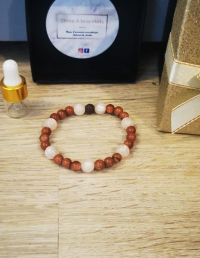 bracelet enfant perles quartz rose 8mm, perles du soleil marron 6mm et une perle de lave marron 6mm
