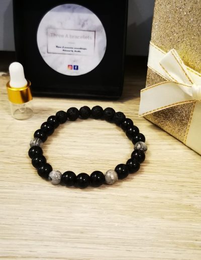 bracelet homme elastique perles de verre noire brillante et marbre gris 8mm