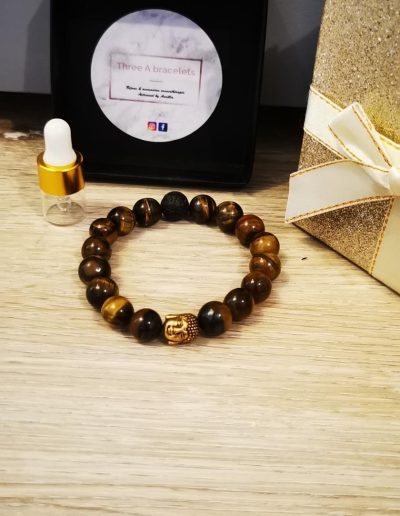 bracelet homme élastique perles oeil de tigre et buddha doré 10mm