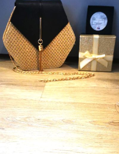 sac octogonale bandoulière en acier inoxydable , noir fermoir aimanté, hauteur 19cm, longeur au plus large 21cm et largeur 7 cm