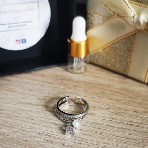 bague argenté en acier inoxydable réglable avec une étoile à strass et perle d'eau douce